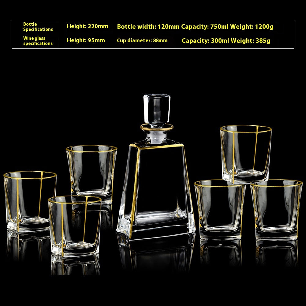 Crystal Glass Whiskey and Wine Set - Creative Gold Finish, 7-Piece Home Barware