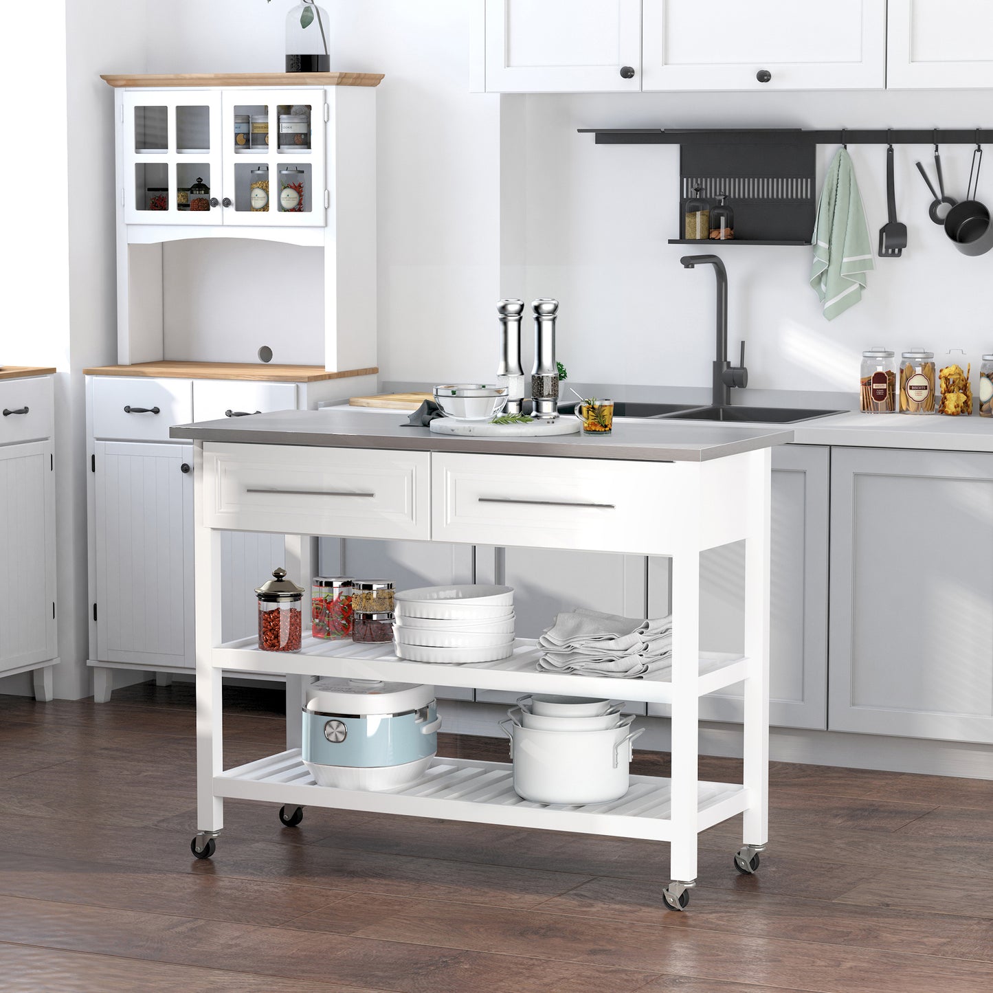 Kitchen Island Cart with Stainless Steel Top & Storage - White