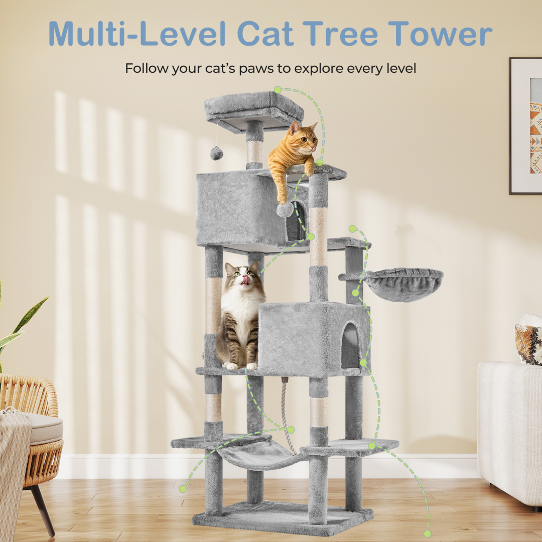 Large 66 Inch Multi-Level Cat Tree Tower with Condos & Hammock - Indoor Pet Furniture