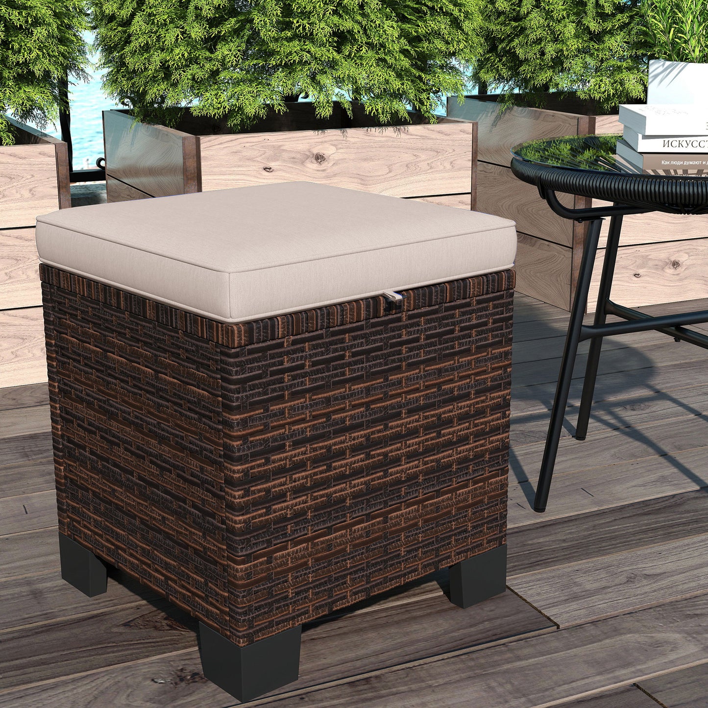 2-Piece Outdoor Wicker Ottoman Set with Cushions - Cream
