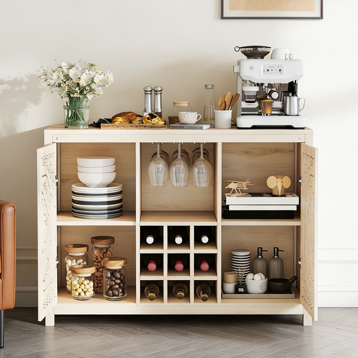 Wine Bar Cabinet With 2 Doors Buffet Storage Liquor Rack And Glass