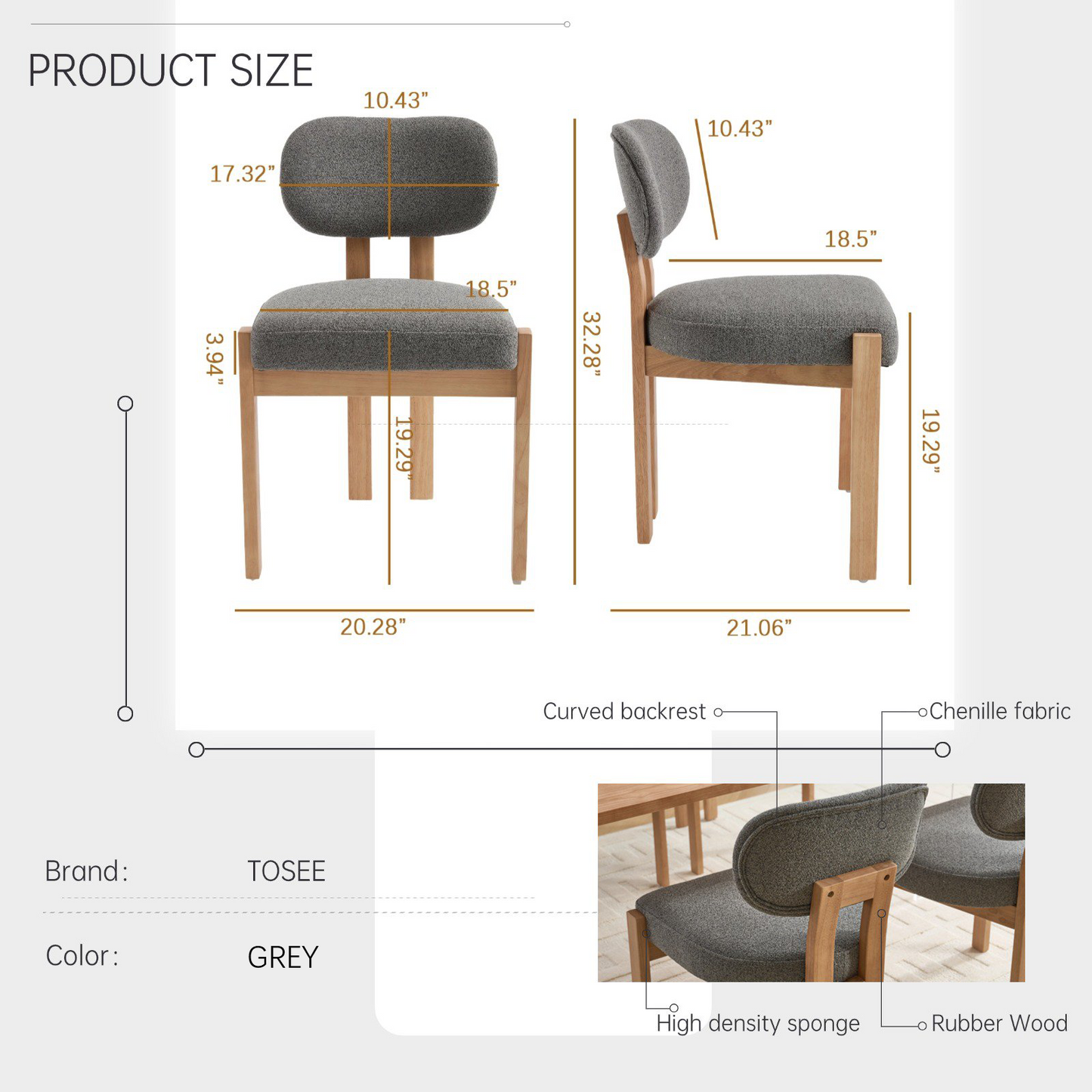 Set of 2 Modern Fabric Upholstered Dining Chairs - Grey