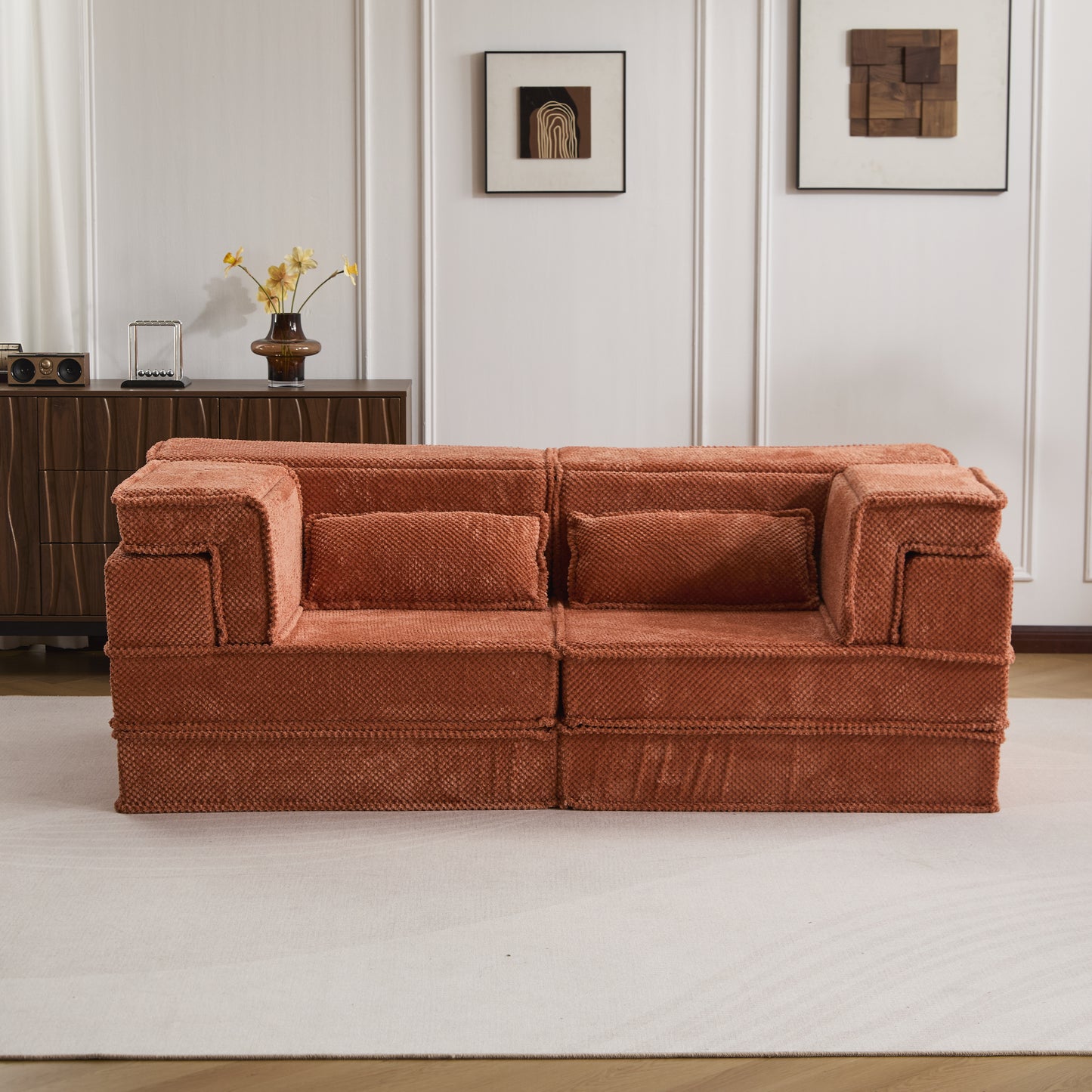 Convertible Floor Sofa Bed - Modern Orange Loveseat with Memory Foam