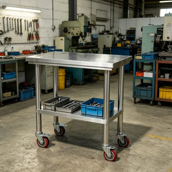 Sleek Metal Work Table With Adjustable Height And Shelf For Kitchen