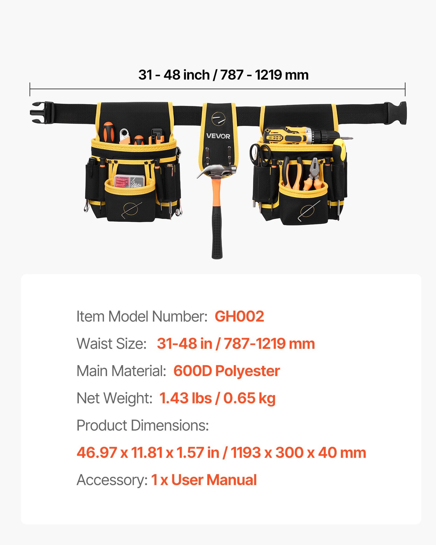 Magnetic Tool Belt with 28 Pockets Heavy Duty Adjustable Work Organizer for Construction & Carpentry