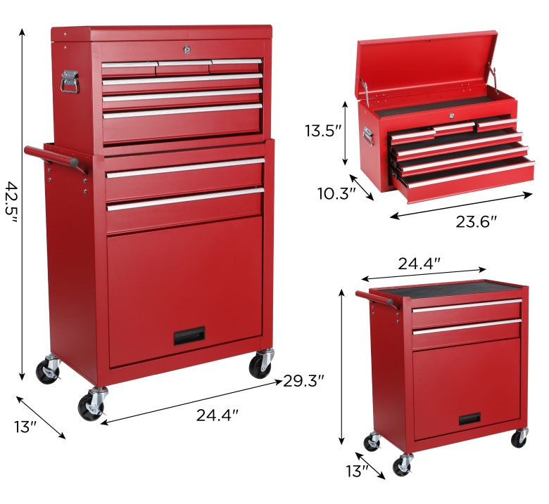 8-Drawer Tool Cabinet Combo with Lock - Red Rolling Storage Chest