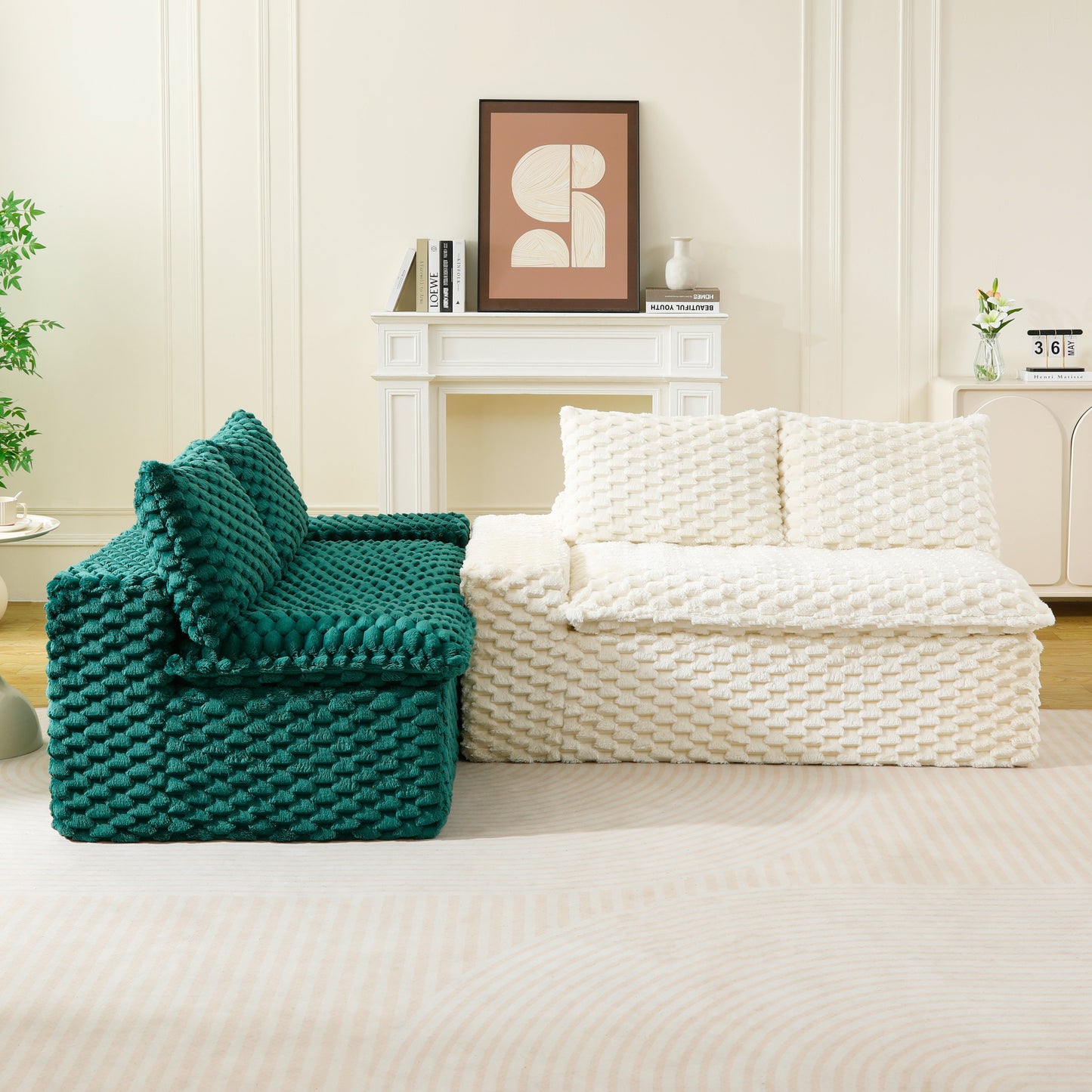 Multifunctional Color-Block Velvet Sofa - White & Green