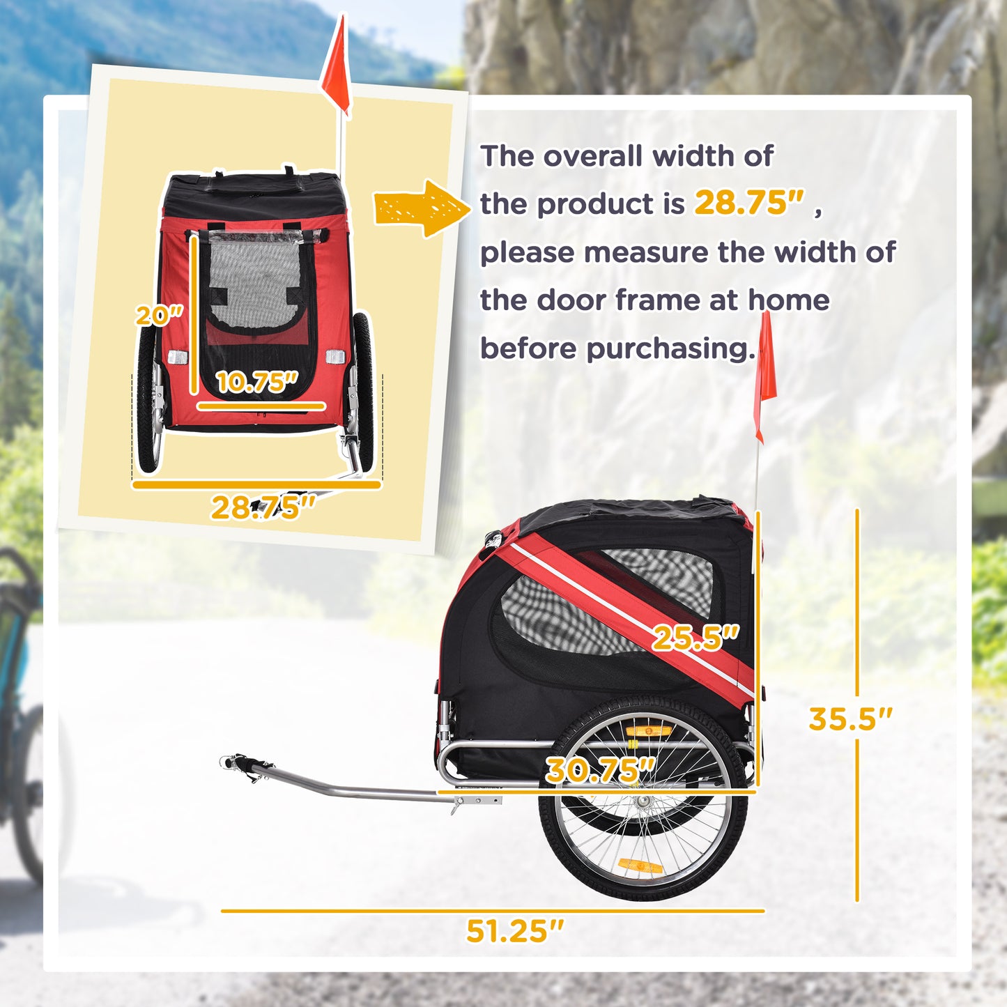 Pet Bike Trailer with Folding Frame, 20-Inch Wheels, Mesh Screens, Red