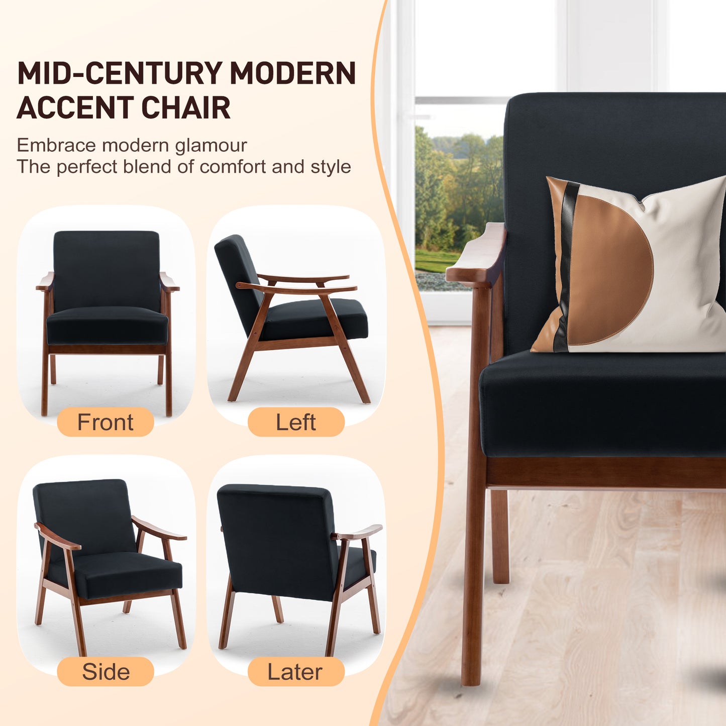 Mid-Century Modern Accent Chair - Black Velvet Lounge Chair