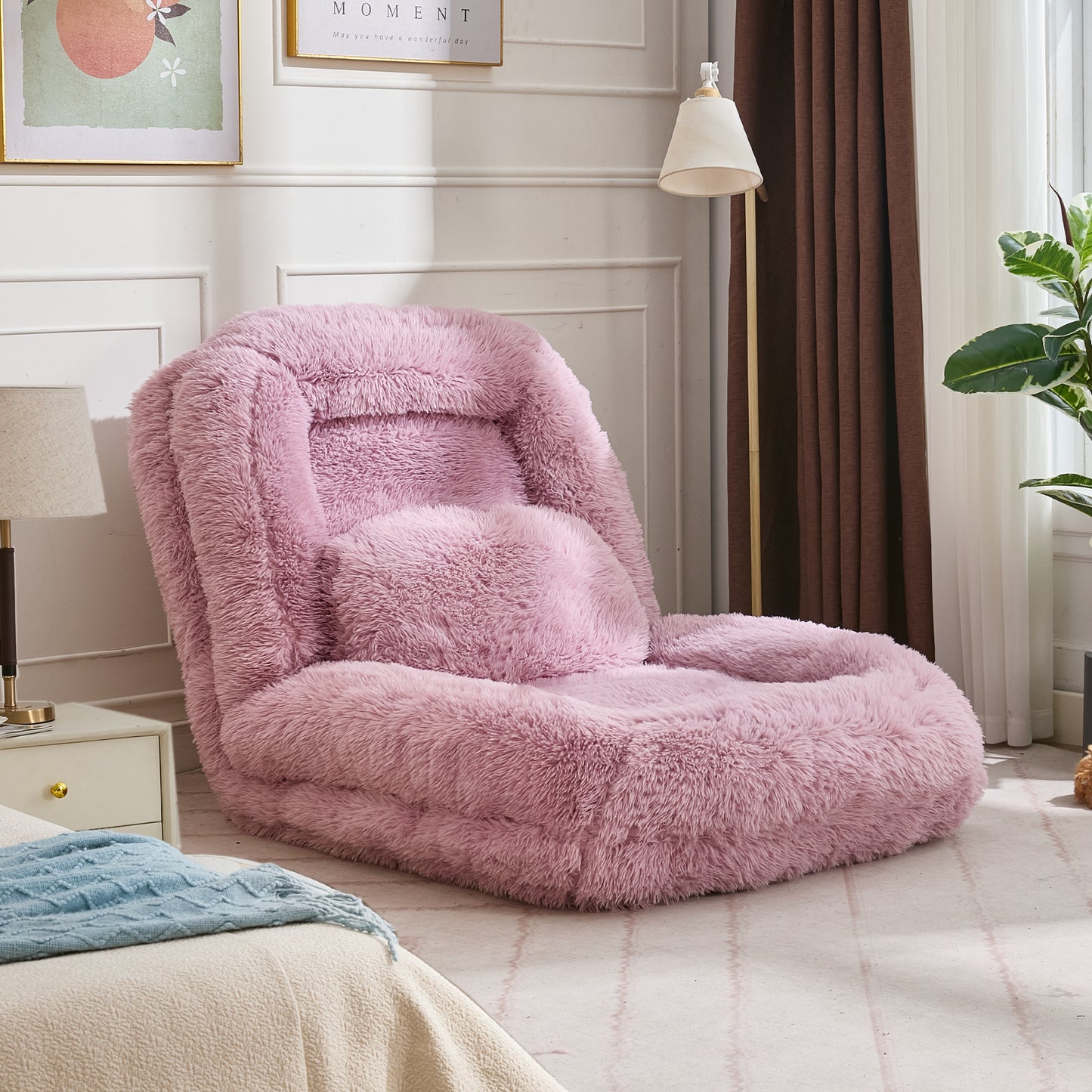 Adjustable Lazy Sofa Bed - Plush Fabric, Pink