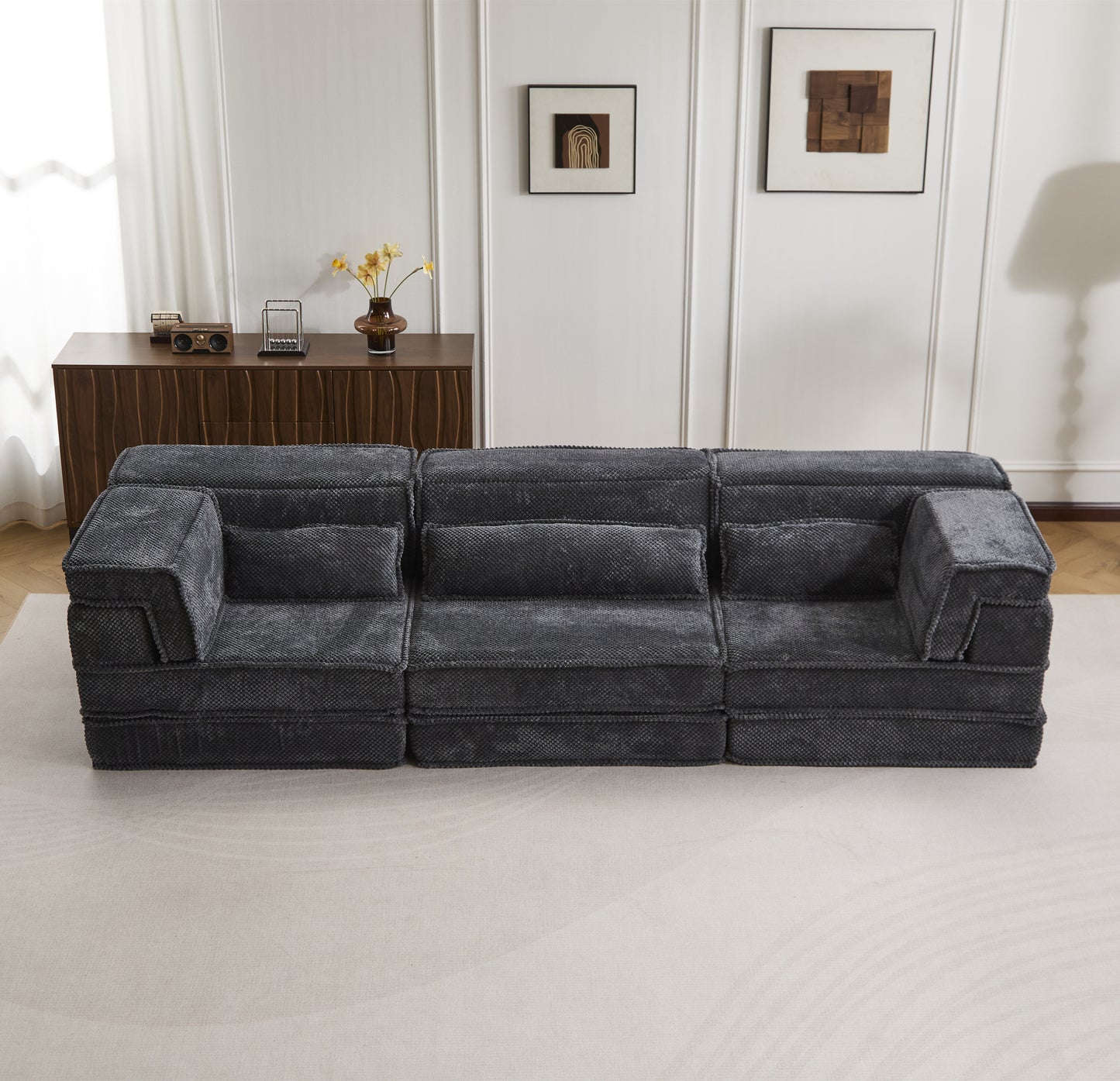 Convertible Floor Sofa Bed - Oversized 3 Seater with Pillows - Dark Gray