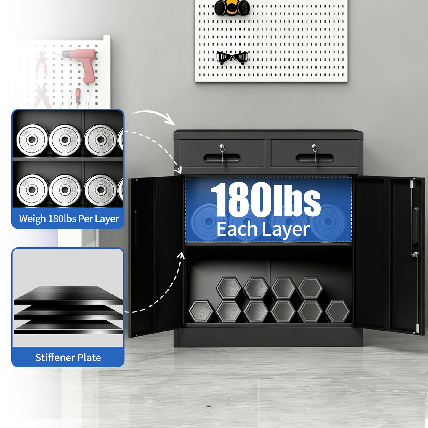 Heavy-Duty Metal Storage Cabinet with Lock and 2 Drawers - Black