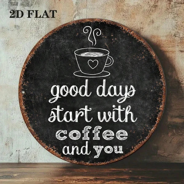 Vintage 2D Round Wall Sign - 'A Good Day Starts With' Plaque