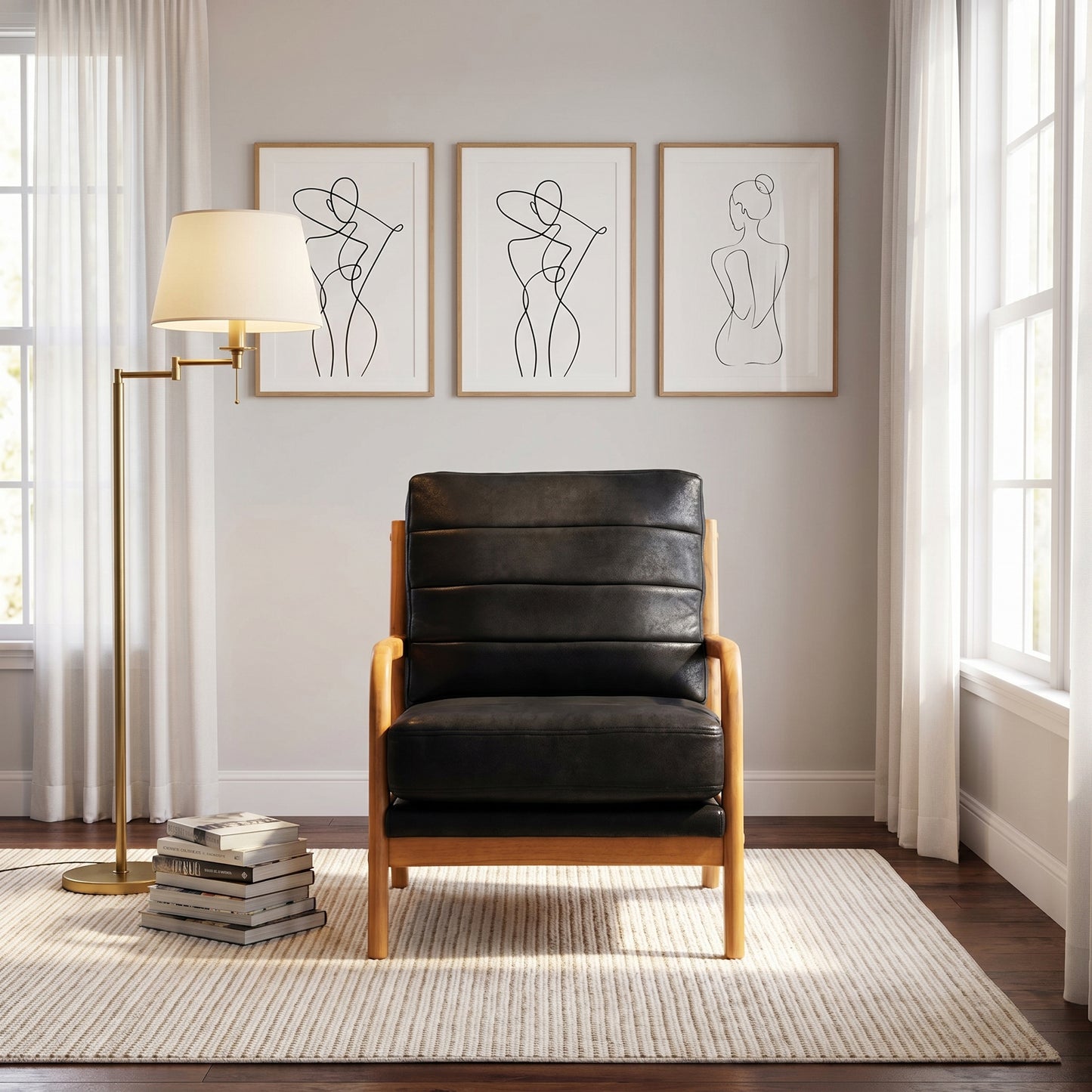 Mid-Century Modern Black Foil Fabric Wood Armchair