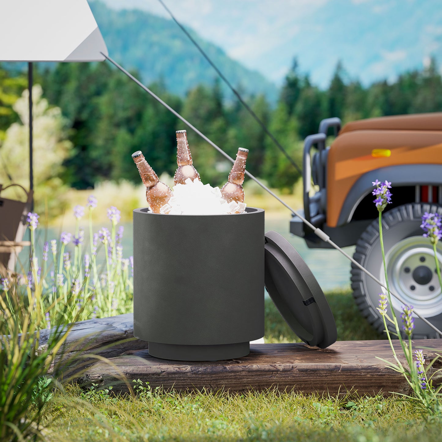 2.6 Gal Concrete Cooler Side Table with Storage - Charcoal Gray