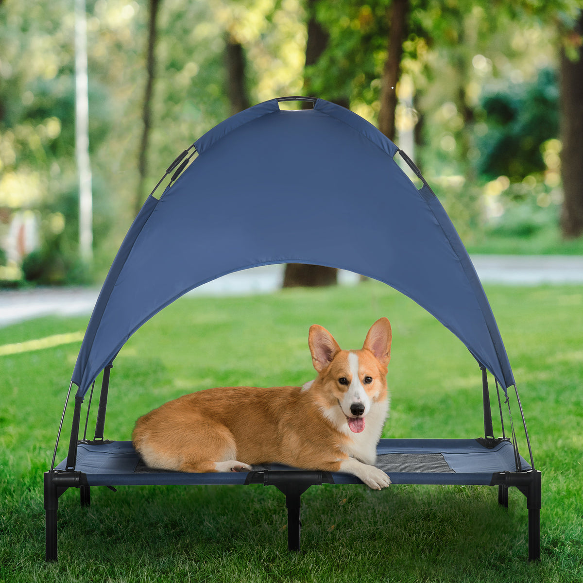 Portable Elevated Dog Bed with UV Canopy - 36 Inch Dark Blue