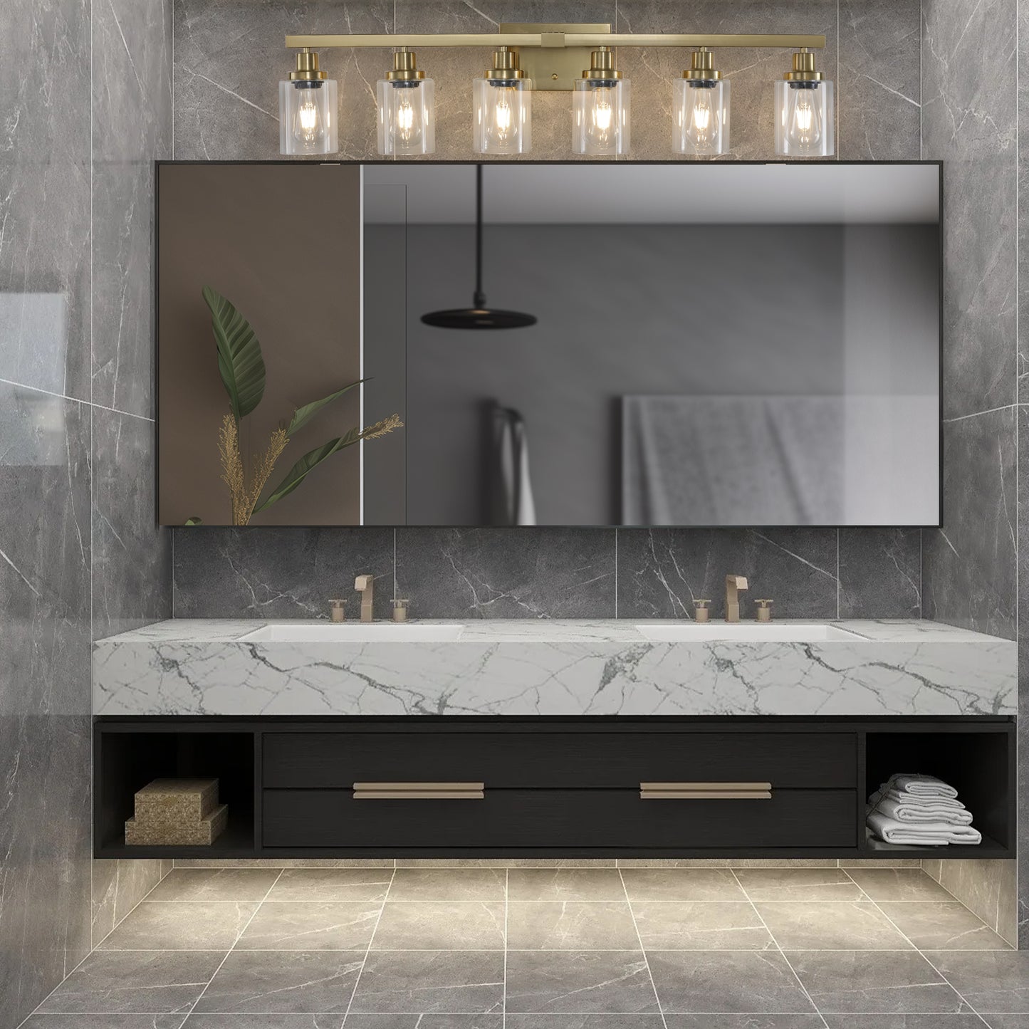 Golden 6-Light Vanity Light Fixture with Clear Glass Shades