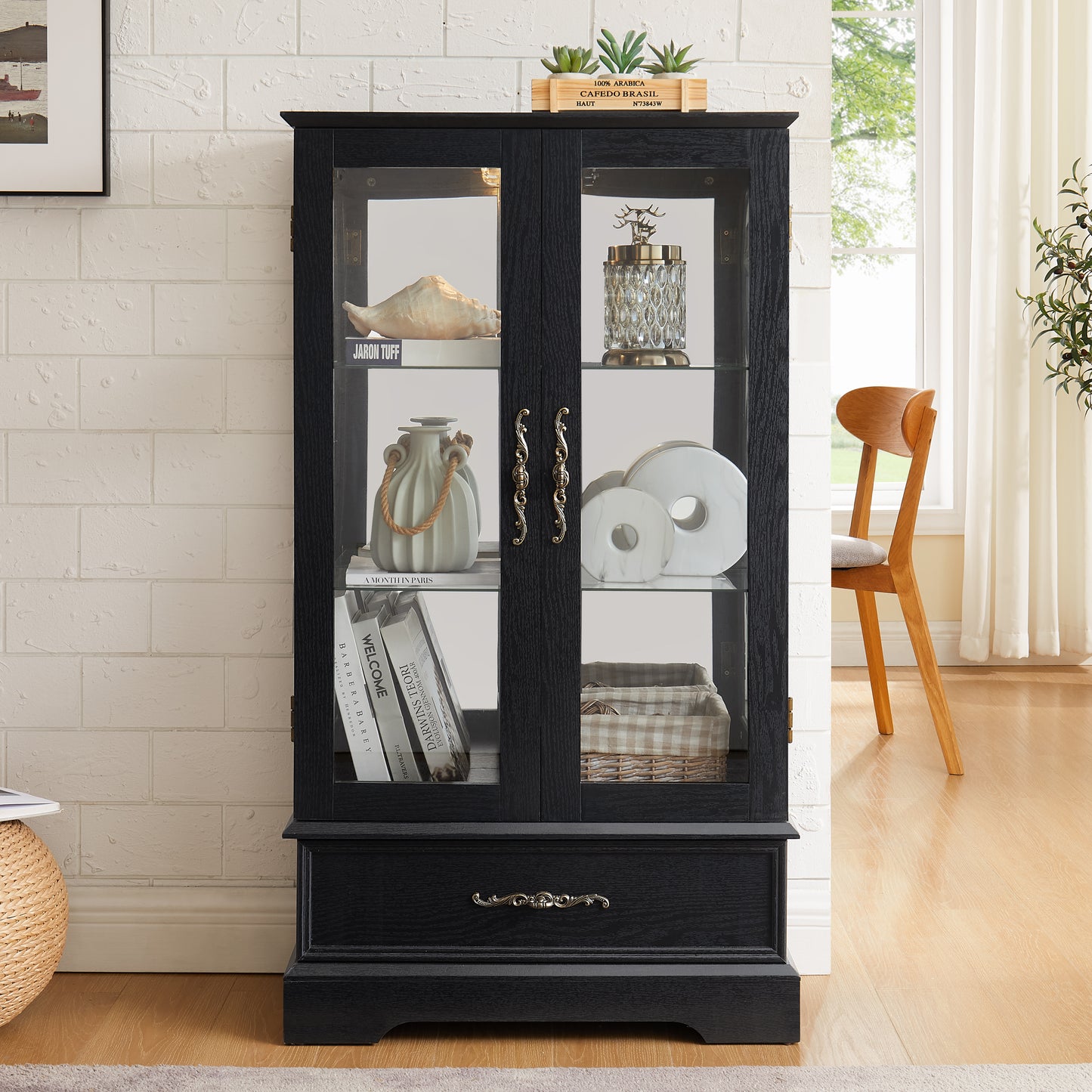 Lighted Glass Curio Cabinet With Adjustable Shelves - Elegant 2-Door