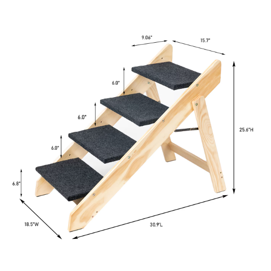 Foldable Wooden Pet Stairs & Ramps for Dogs & Cats - Acacia Wood, 4 Levels