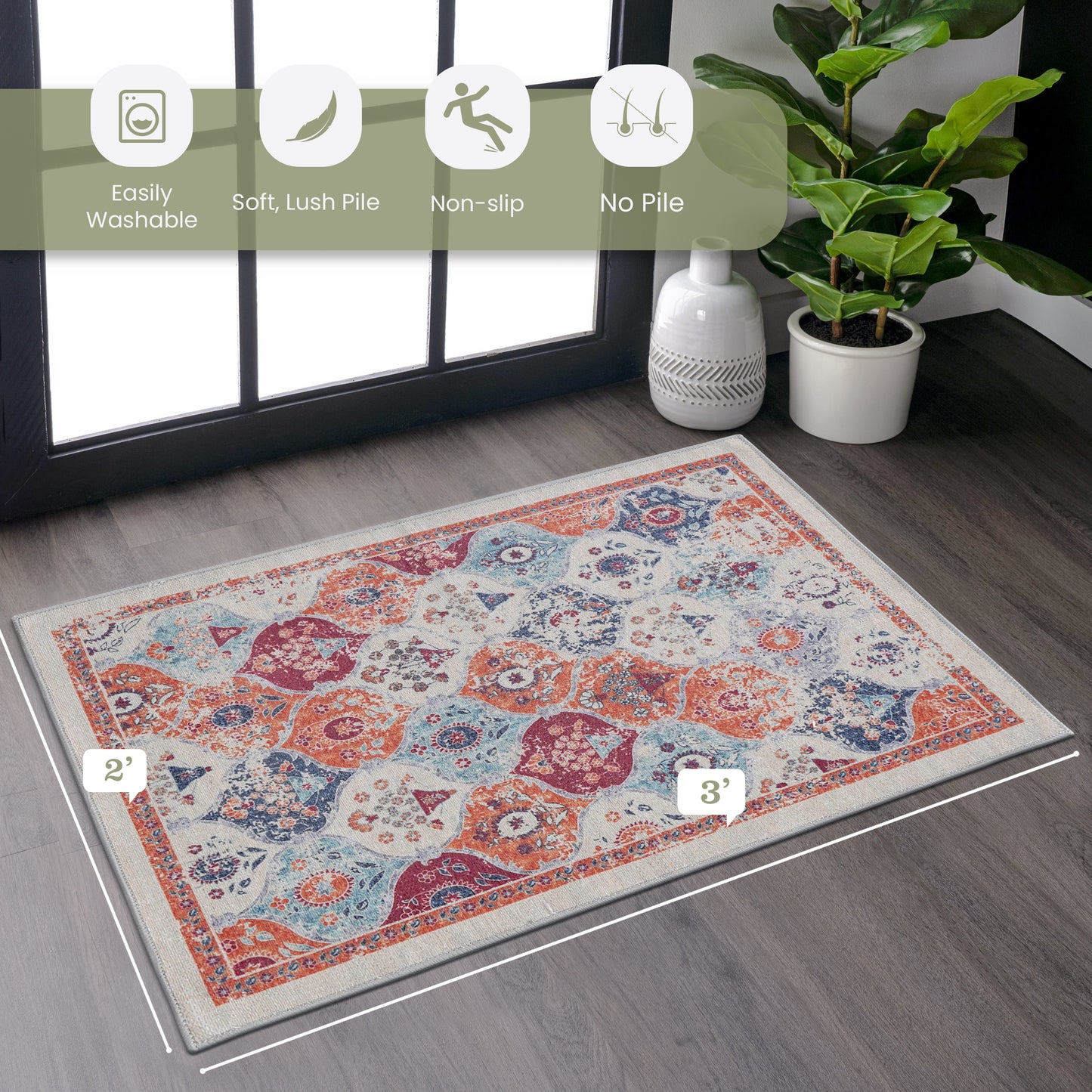 2x3 Cream Area Rug, Washable Rugs, Low-Pile, Non-Slip, Non-Shedding,