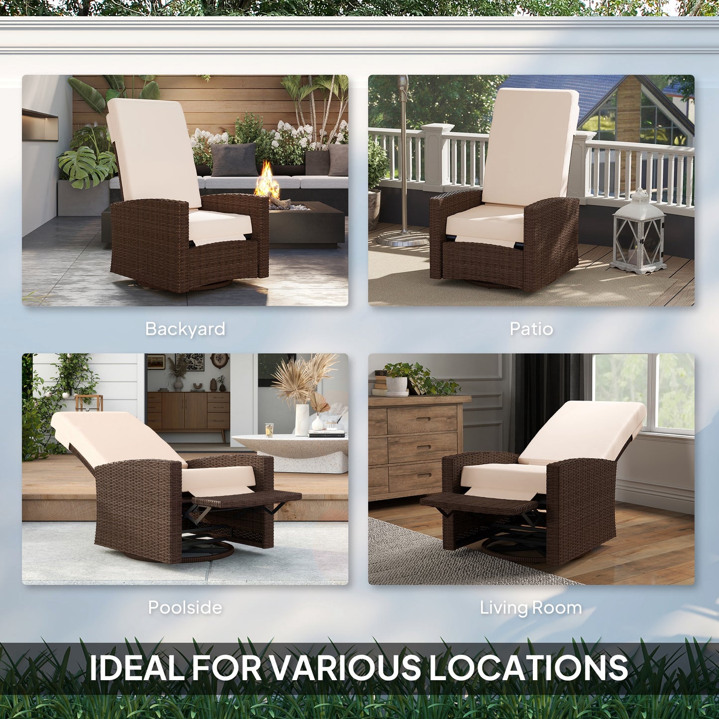 Outdoor Wicker Swivel Recliner Chair with Footrest - Cream White