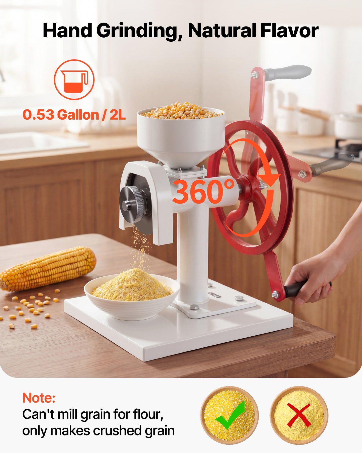 Manual Grain Mill with Flywheel - Hand-Crank Coffee, Wheat & Spice Grinder