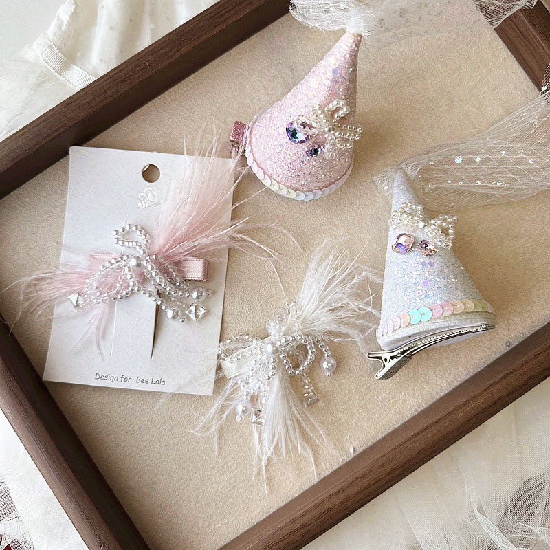 Children's Birthday Hat Hair Clip - Pearl & Feather