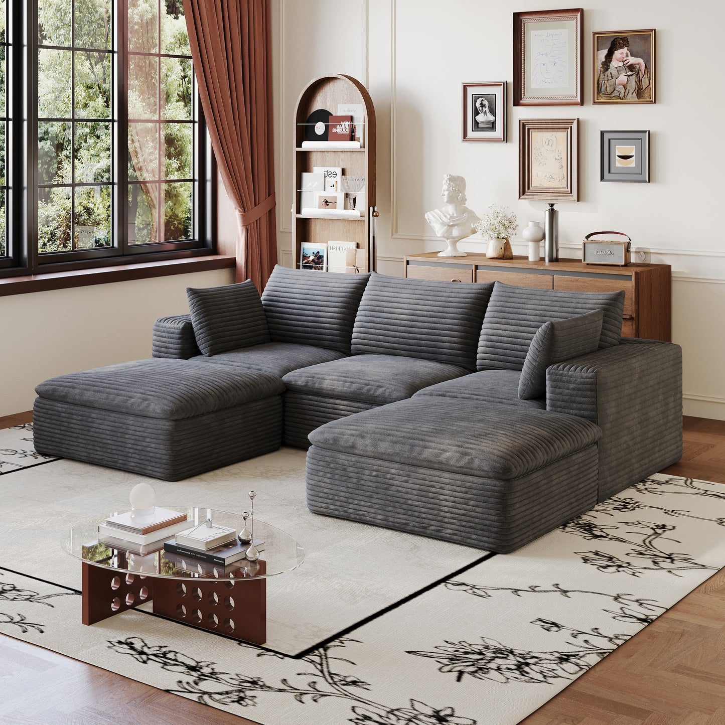 102" Cloud Sofa - Corduroy Fabric, Deep Seat, Removable Cushions, Dark Grey