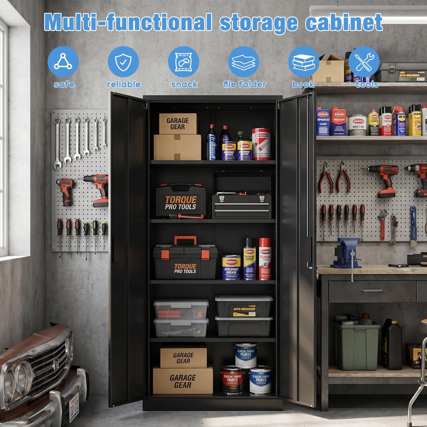 Lockable Metal Storage Cabinet with Adjustable Shelves - Black