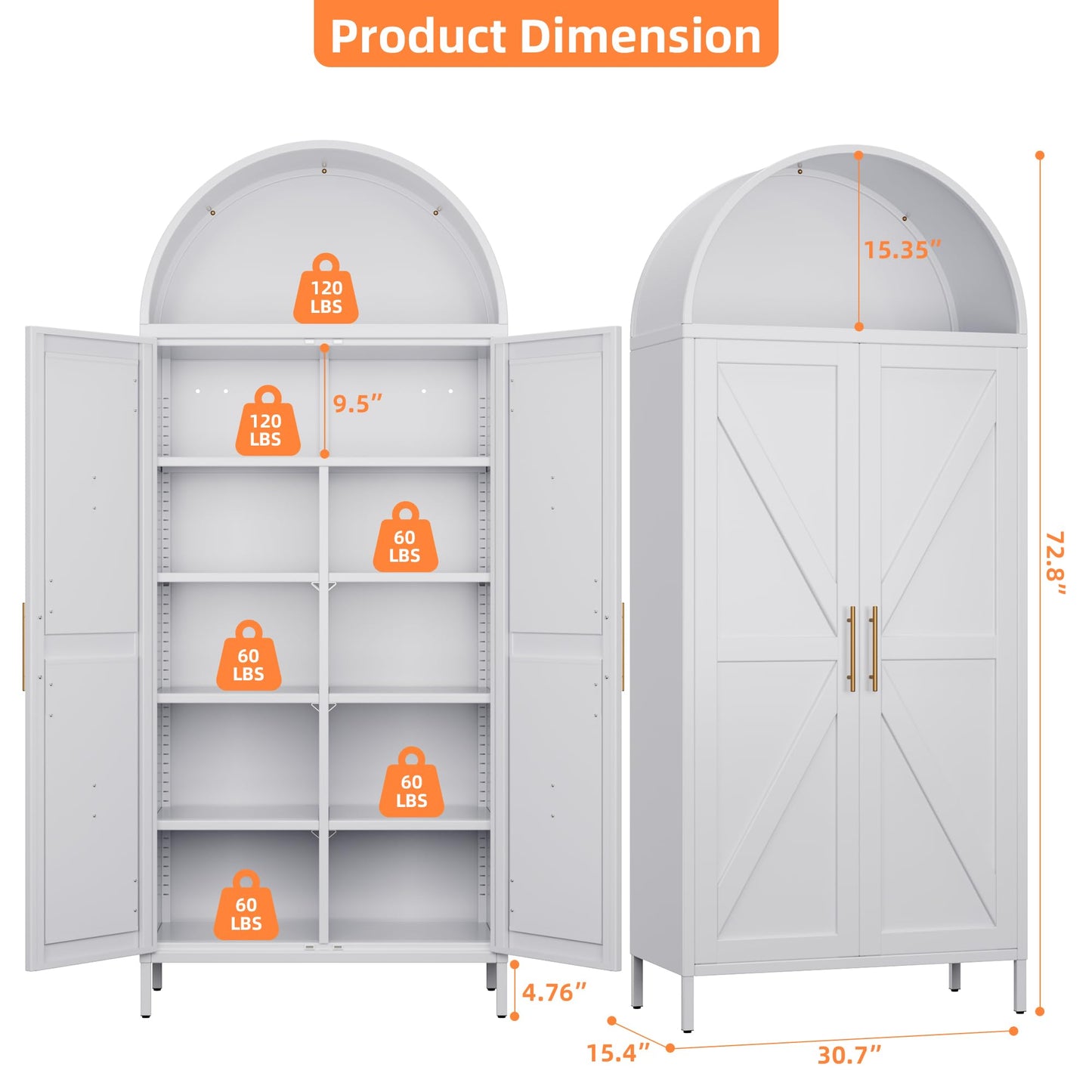 Arched Metal Pantry Storage Cabinet with 6 Adjustable Shelves - White