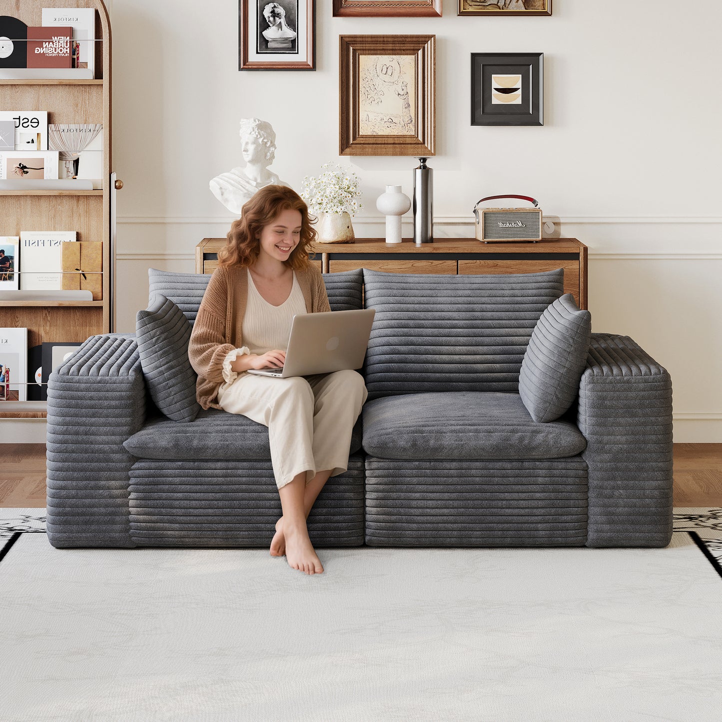 71" Cloud Sofa - Deep Seat Corduroy Couch with Removable Cushion - Dark Grey