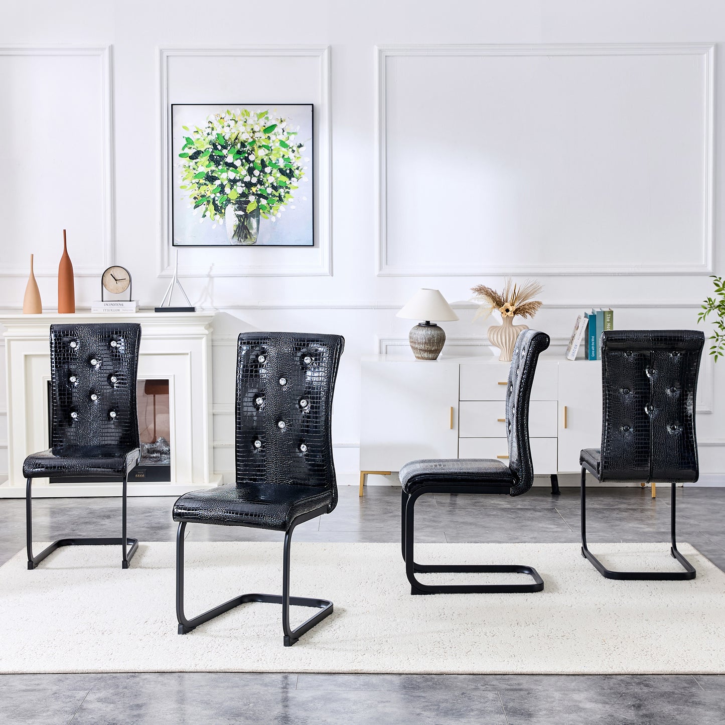 Set Of 4,Retro Alligator Skin Upholstered Dining Chairs,with Crystal