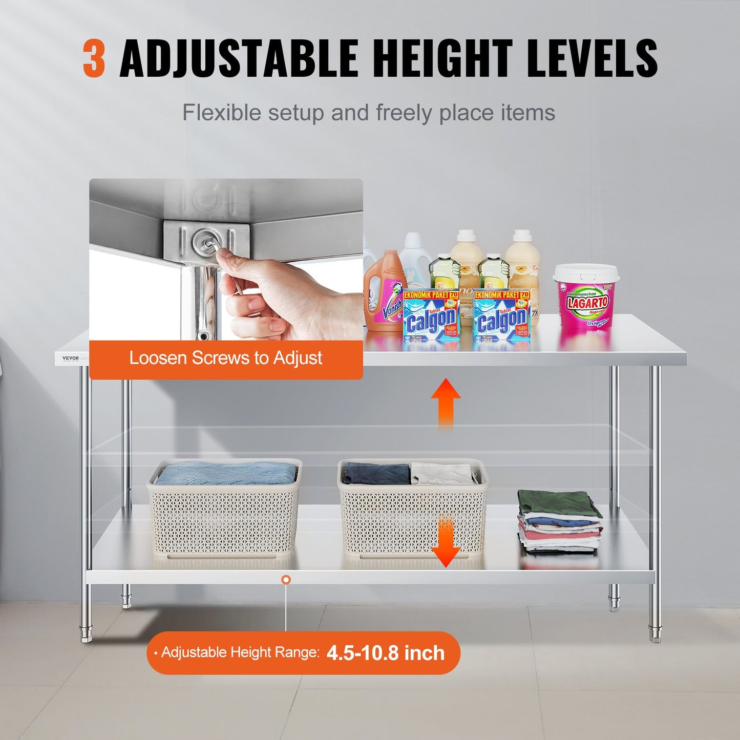 Heavy Duty Stainless Steel Prep Table - 30 x 72 Inch, Adjustable Height