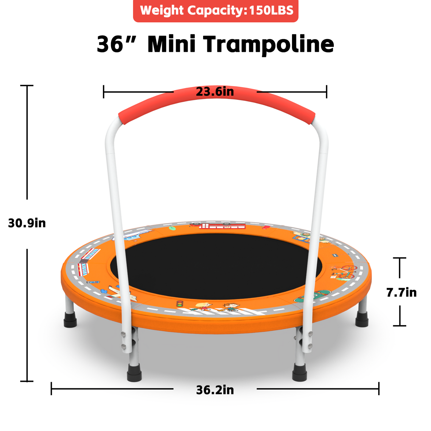 36-Inch Mini Trampoline for Kids 1-6 with Handle - Orange