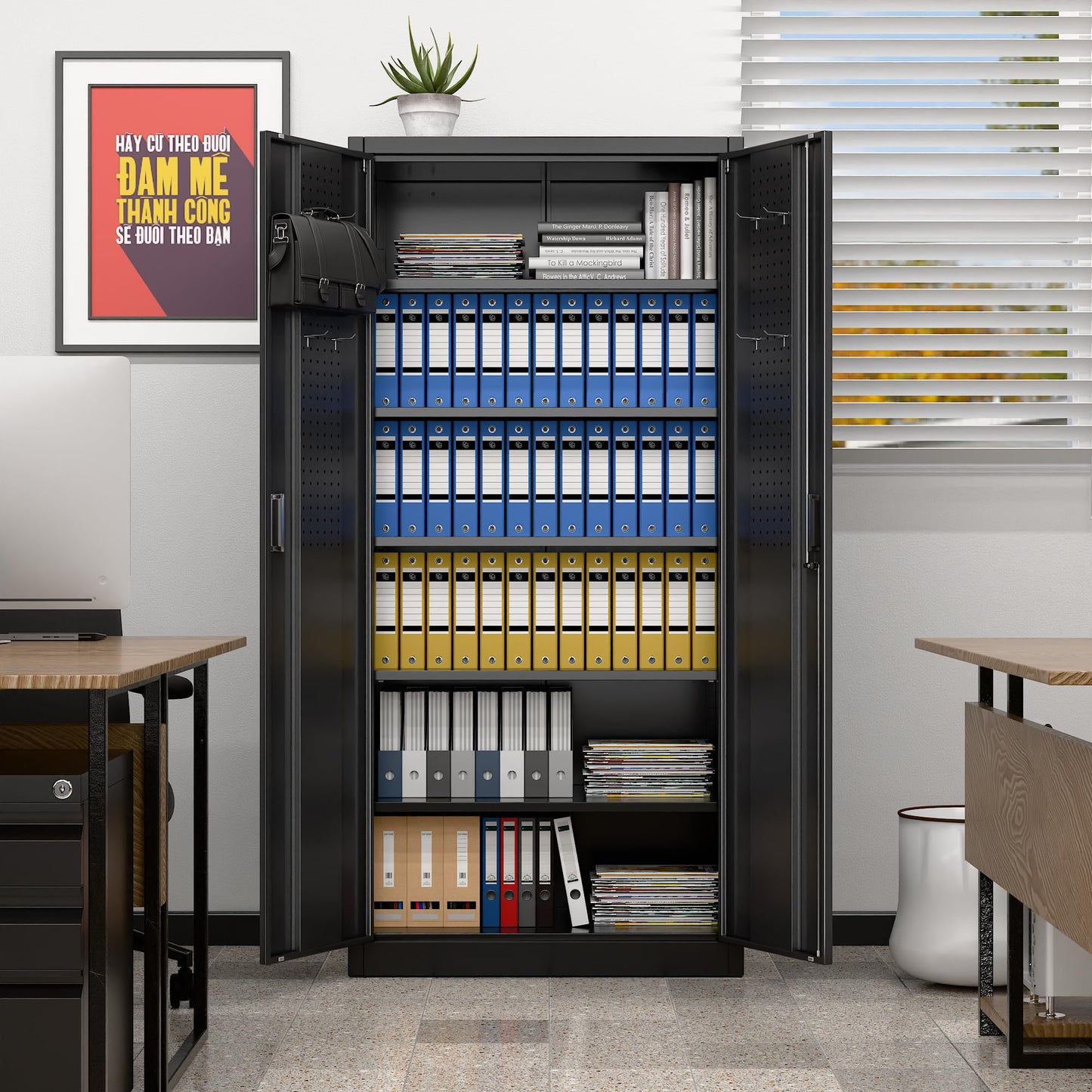 Locking Garage Storage Cabinet with 5 Adjustable Shelves - Black