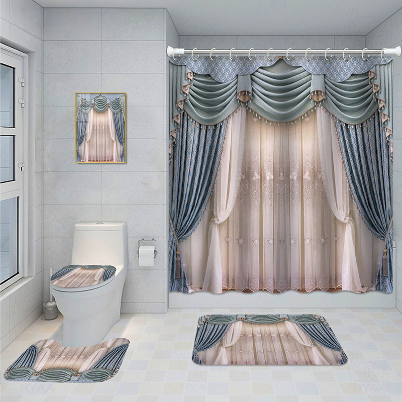 Bathroom 5-Piece Shower Curtain Set with Mat and Decorative Aluminum Frame