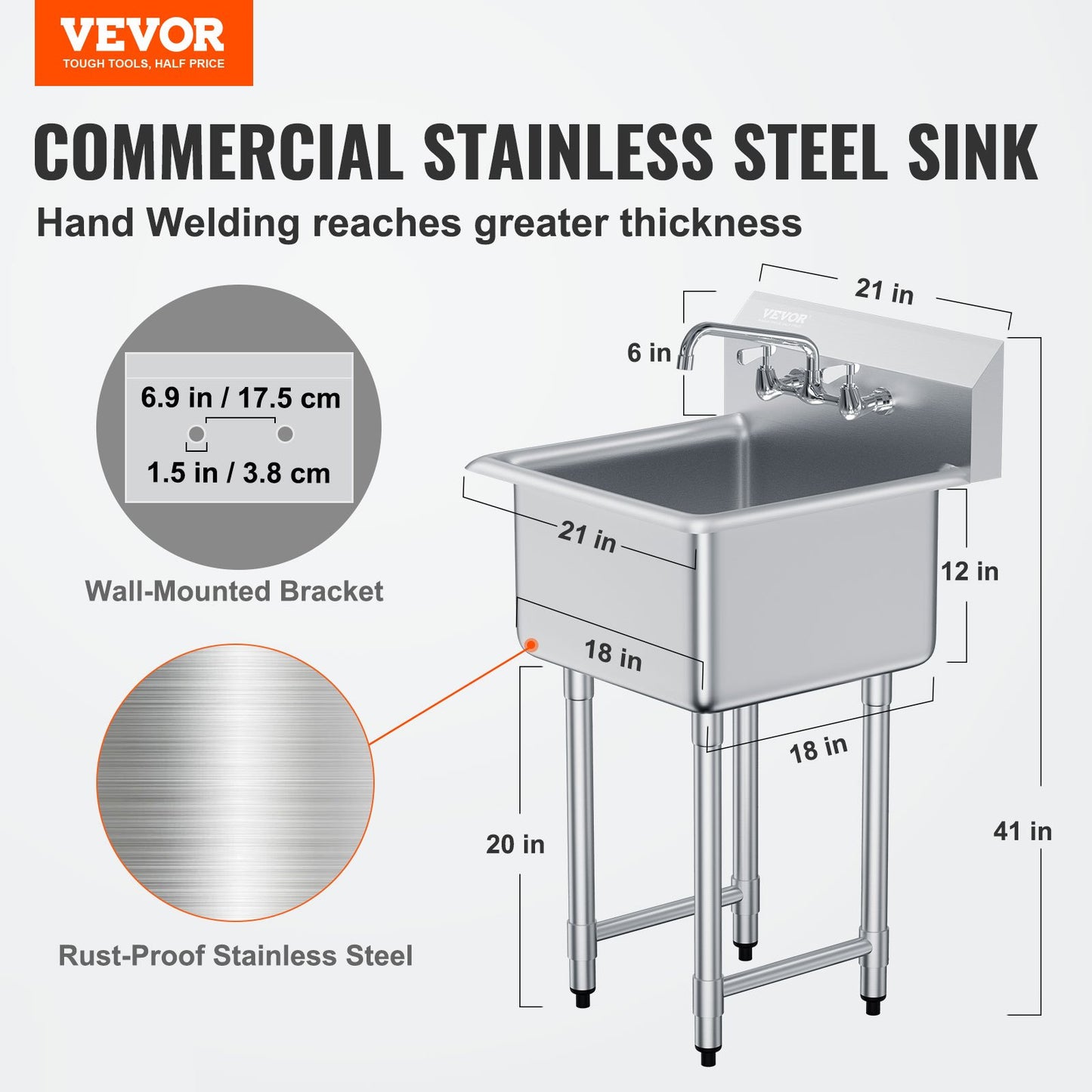 Heavy Duty Stainless Steel Utility Sink with Faucet & Legs - 21"x41"