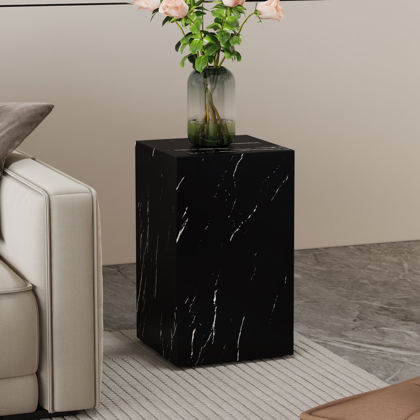 11.8x11.8x19.6 Inch Black Marble Texture MDF Coffee Table - Luxurious