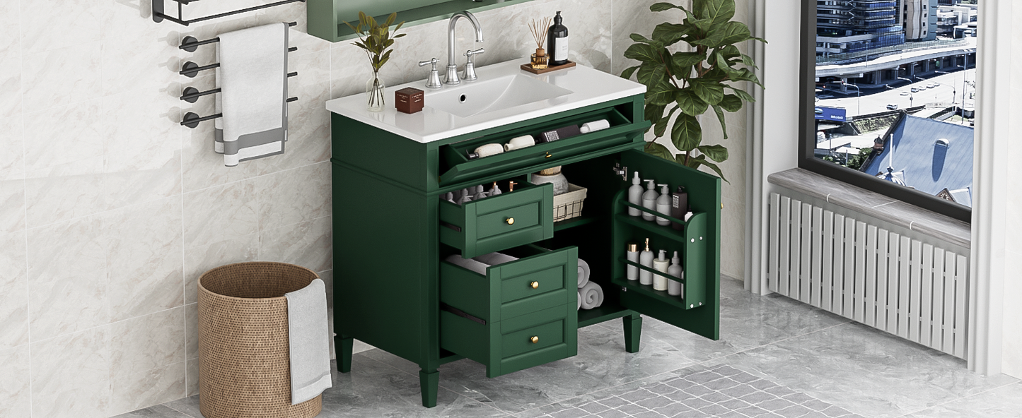 36'' Modern Bathroom Vanity with Sink & 3 Drawers - Garnet/Green