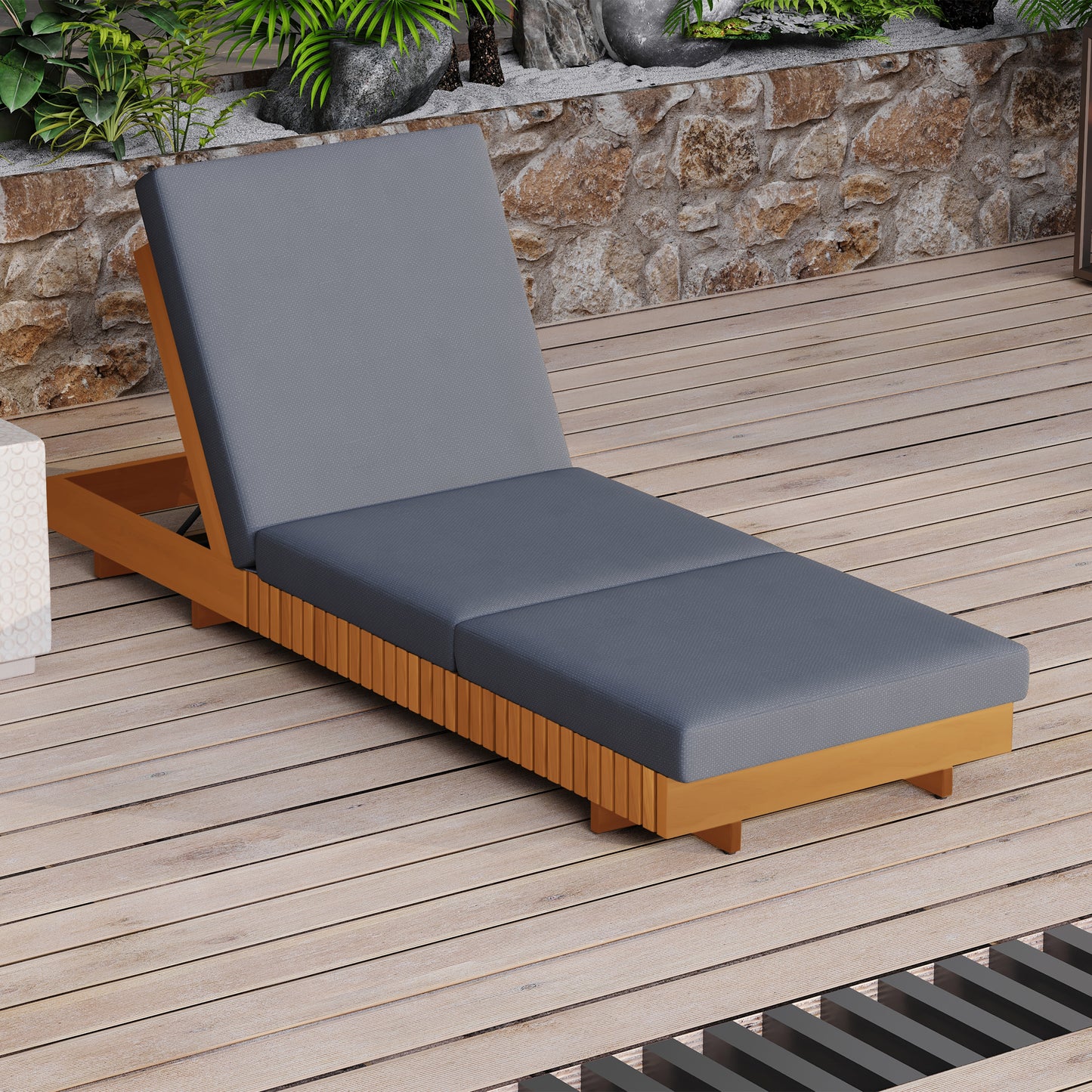 Lounge Chaise Set - Acacia Wood with Dark Grey Cushion