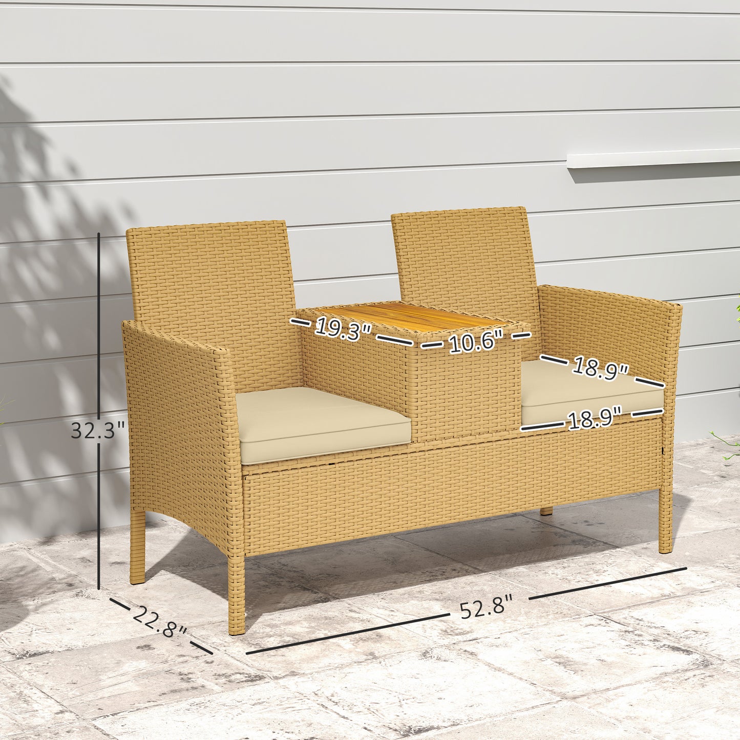 Patio Wicker Loveseat with Flip-Top Table & Cushions - Khaki