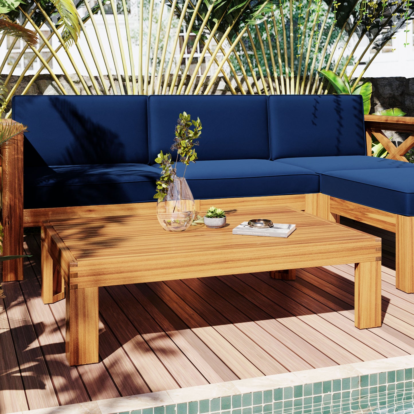 5-Piece Outdoor Patio Sectional Sofa Set with Blue Cushions