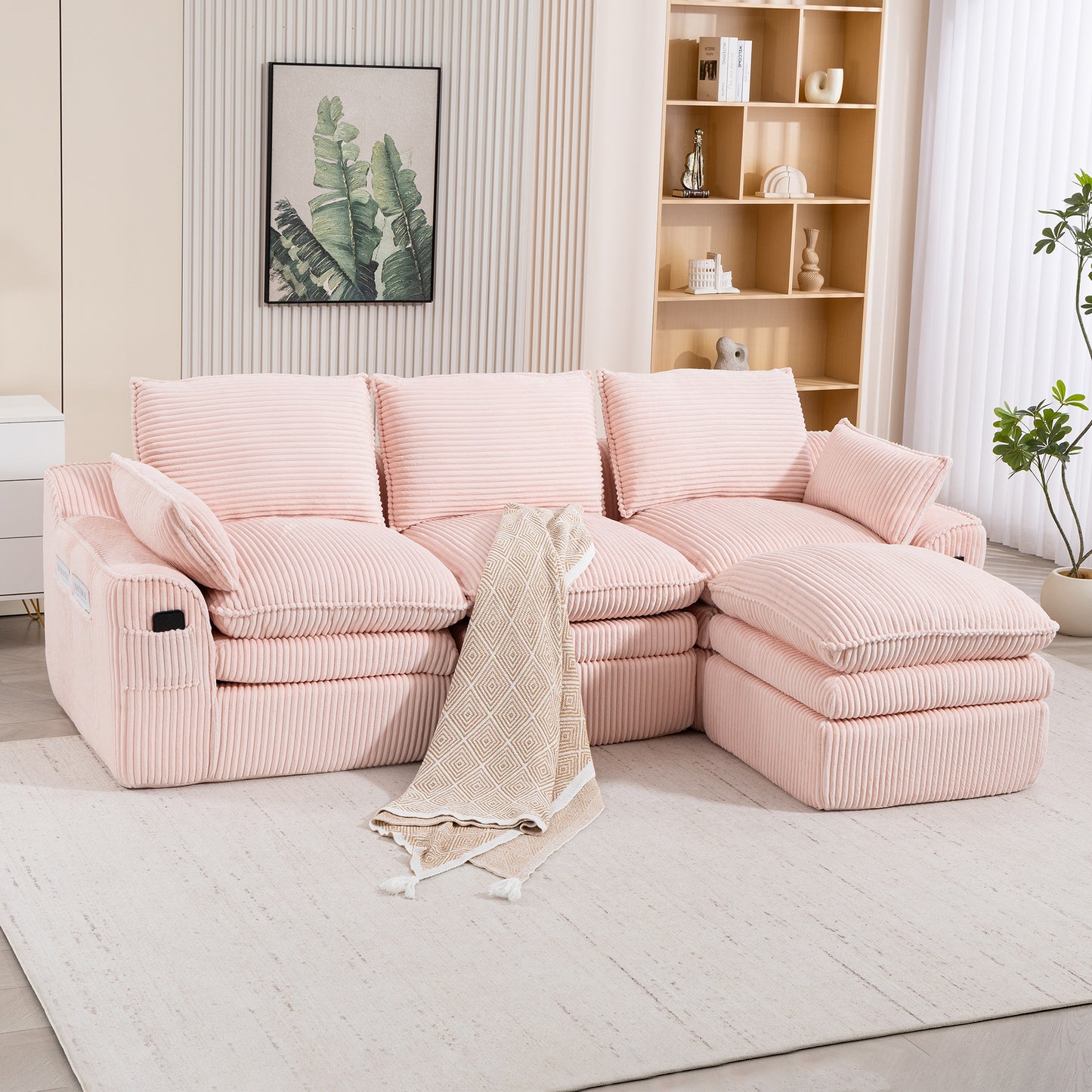 L-Shaped Modular Sectional Sofa - Pink Corduroy with Footstool