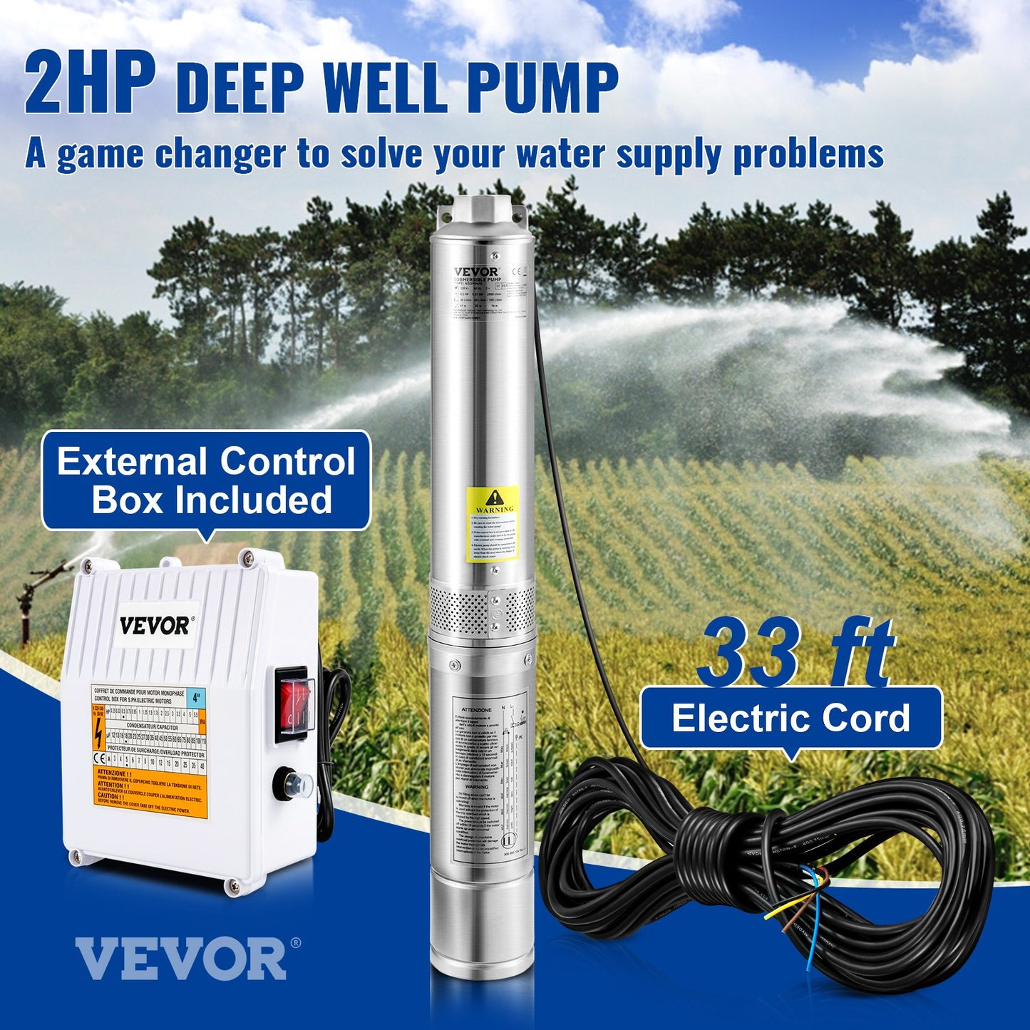 Deep Well Submersible Pump 2HP 230V Stainless Steel 37GPM 427ft Head