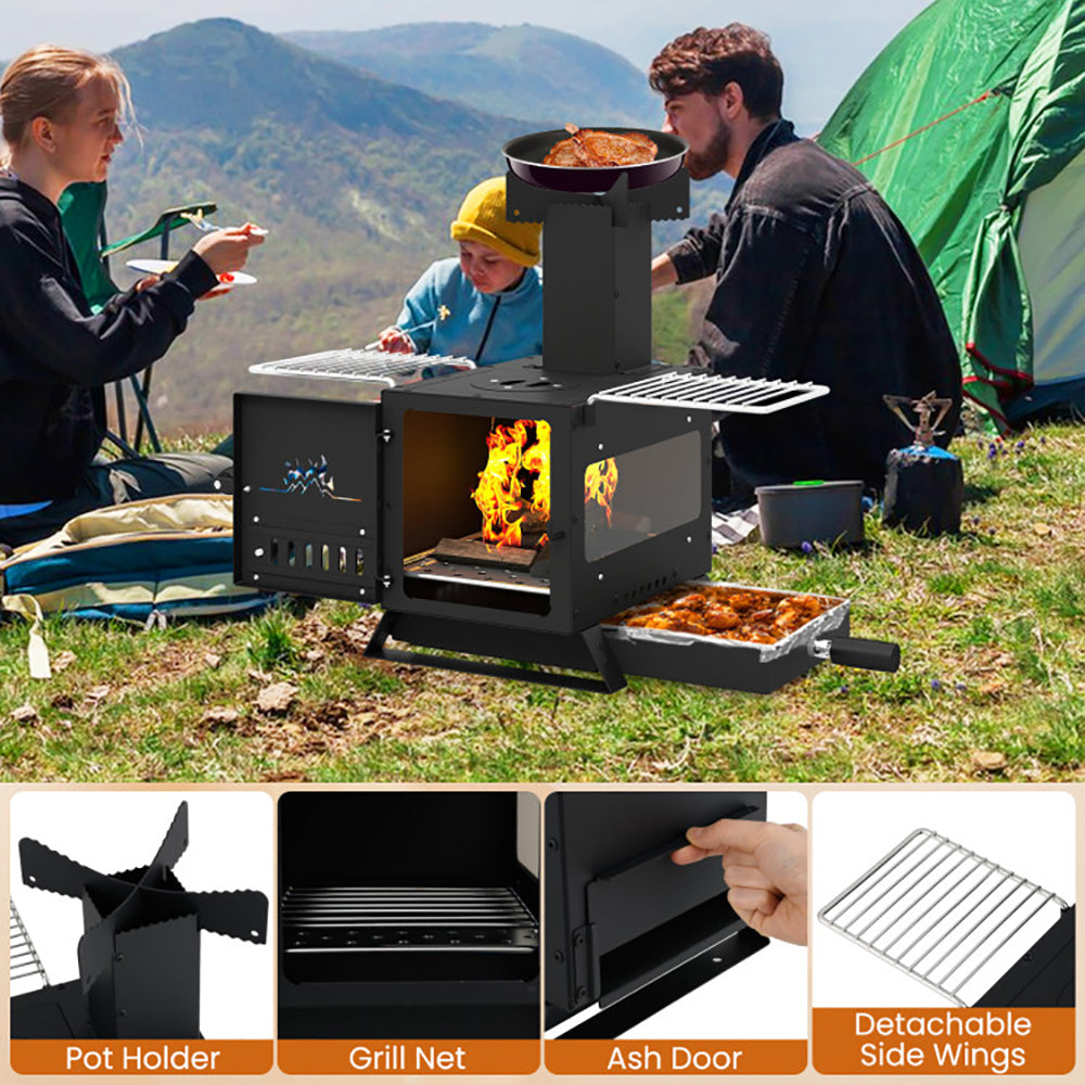 Portable Wood Burning Stove with Oven Pan & Rack - Black