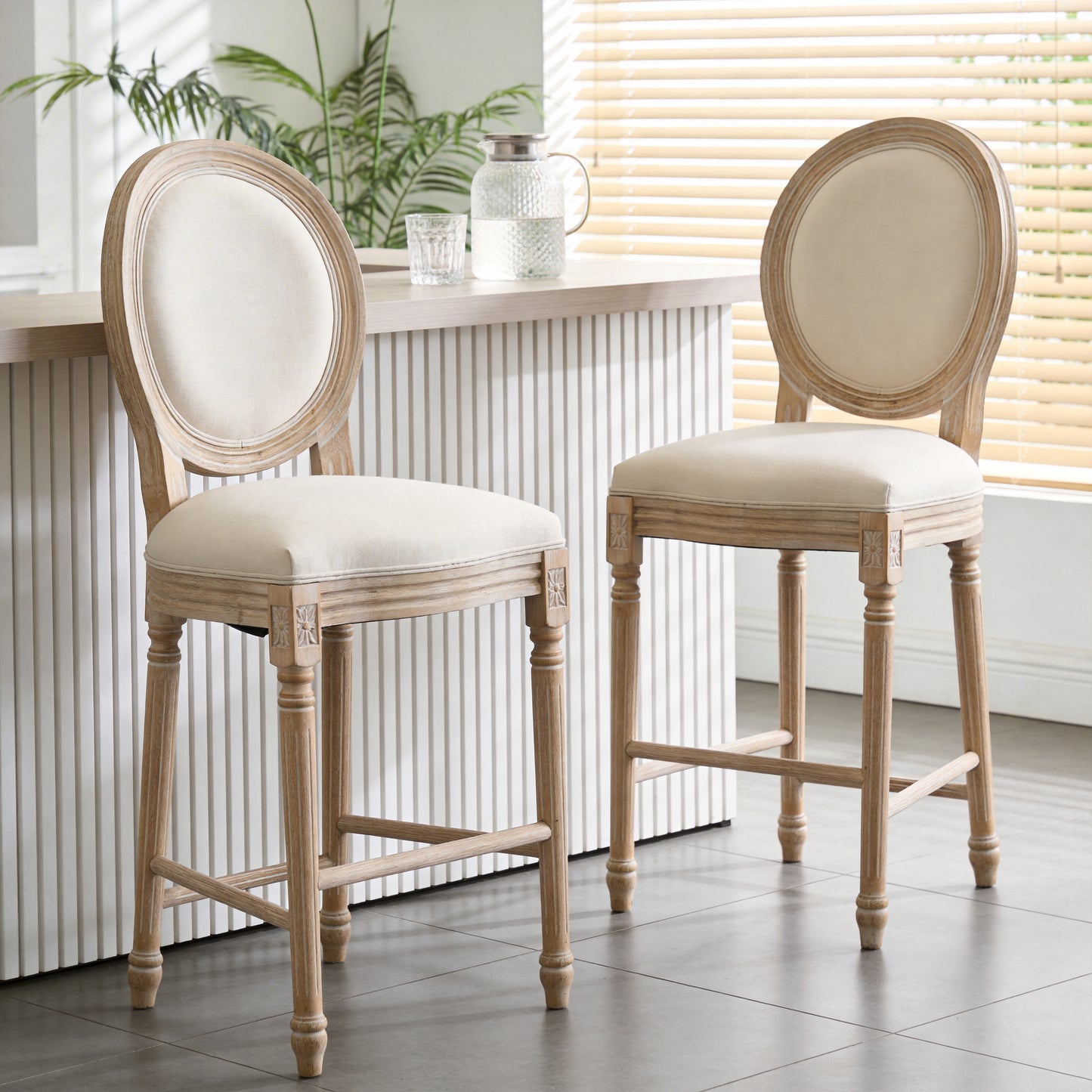 French Country Bar Chairs Set of 2 - Upholstered, Round Back, Beige