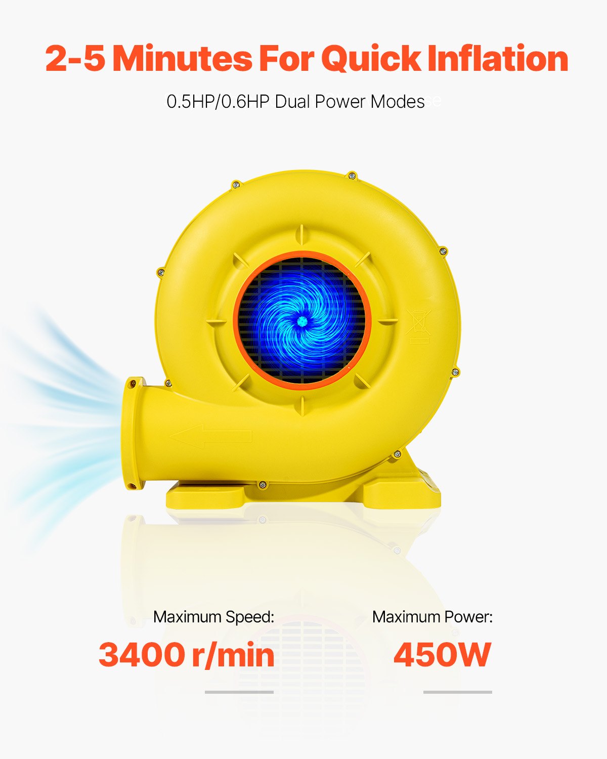 Inflatable Bounce House Blower 0.5-0.6HP 450W Commercial Air Pump Yellow