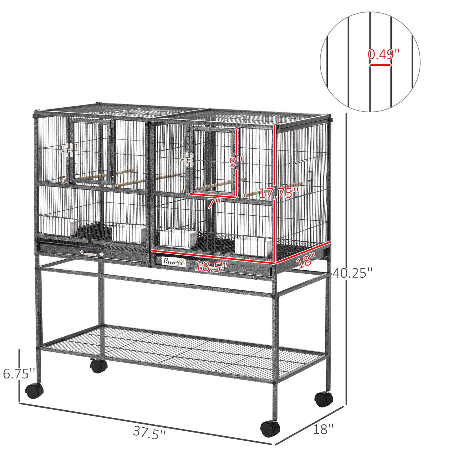Divided Bird Cage with Rolling Stand, Removable Metal Trays & Storage Shelf