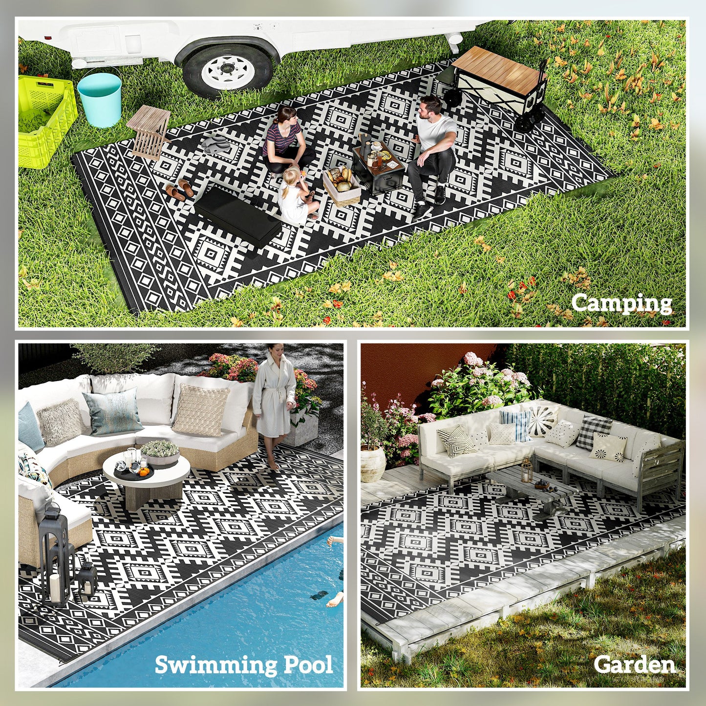 Reversible Waterproof Outdoor Rug - 9' x 18' Black & White Rhombus