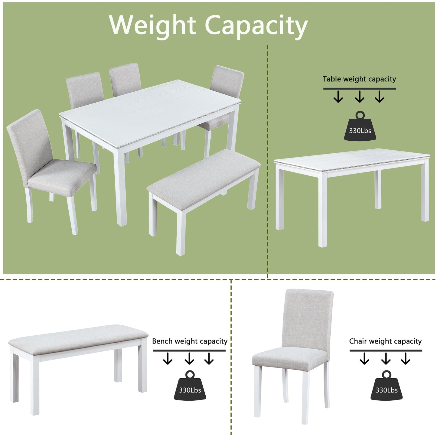 6-Piece Wooden Dining Table Set with 4 Chairs & Bench - White